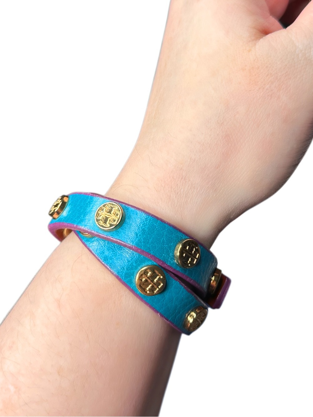 Tory Burch Turquoise Leather Double-Wrap Bracelet with Gold Logo Studs - Picture 2 of 3